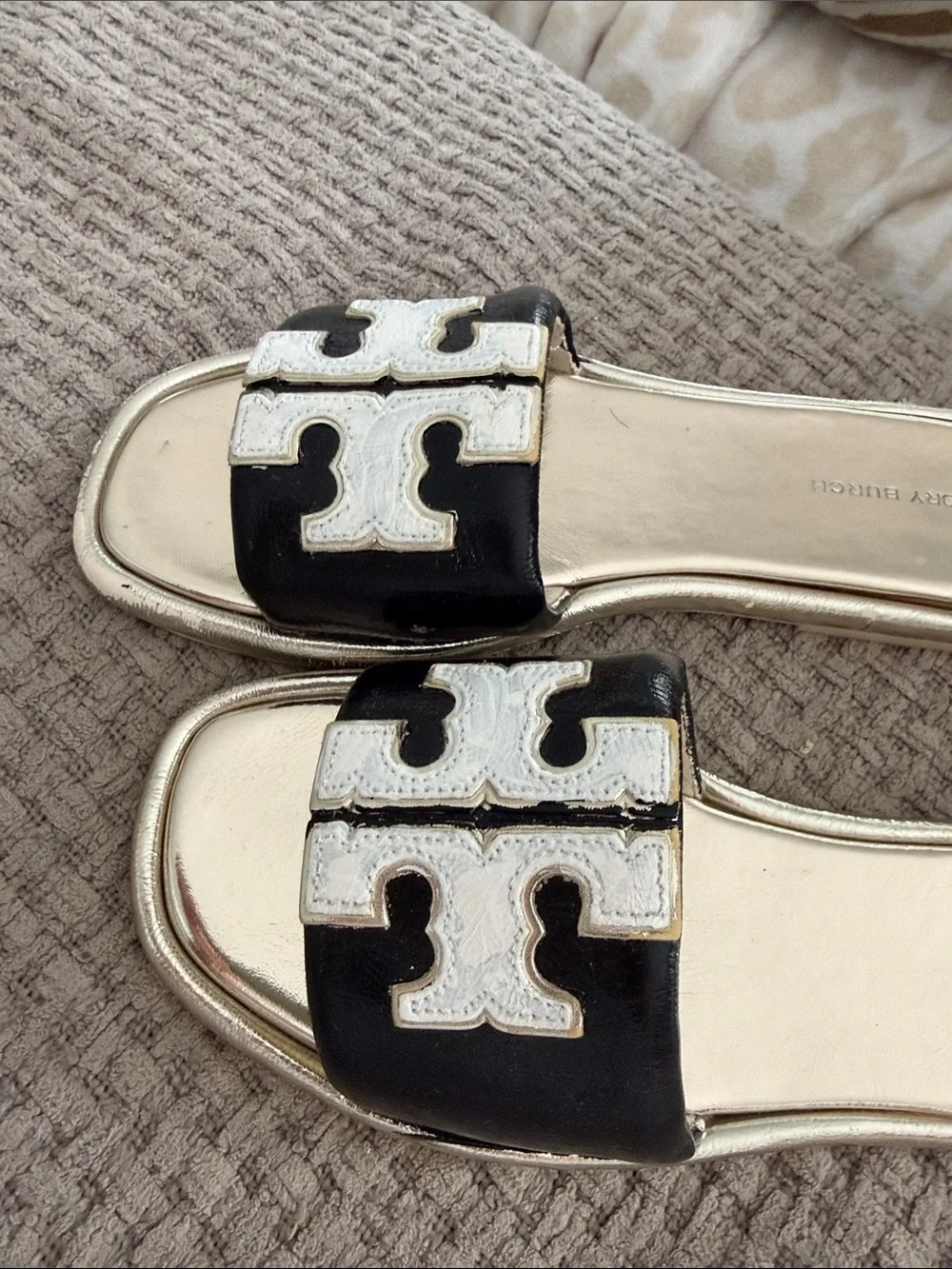 Tory Burch Black and Gold Logo Slide Mules